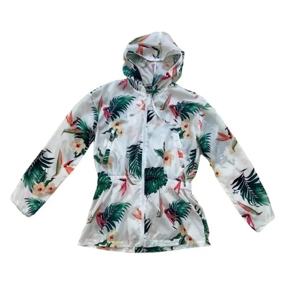 Liu Jo White Tropical Print Windbreaker Hoodie Jacket Size L - Picture 1 of 2